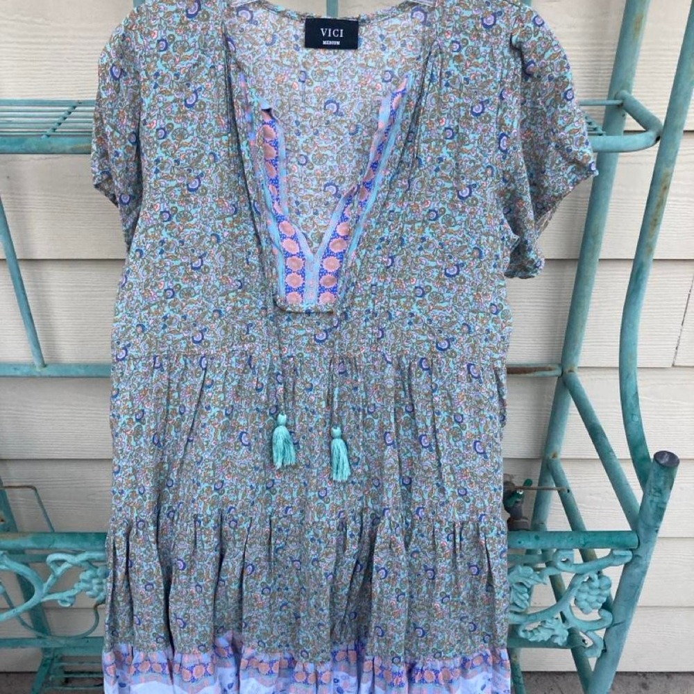 Vici Boutique floral mini dress with tassels in a medium boho fairy festival